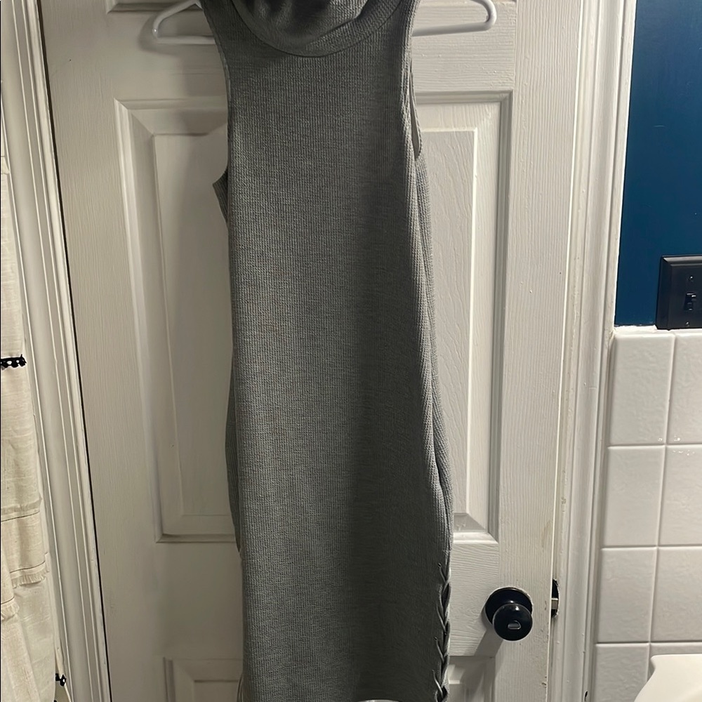 NUDE Gray Bodycon Midi Dress High Cowl Neck Side Tie Detail